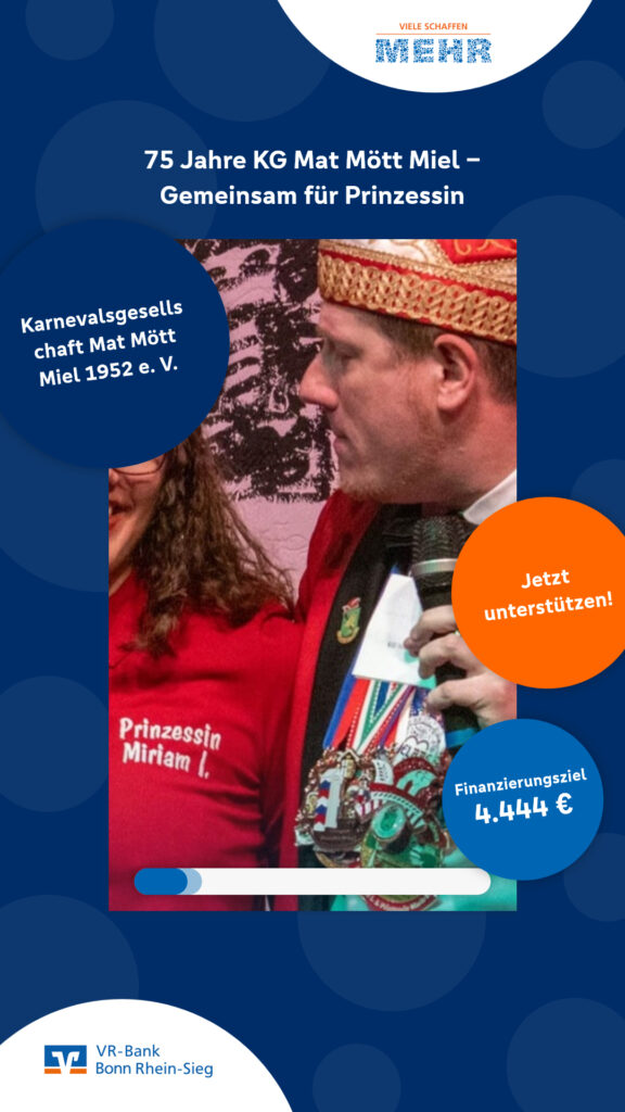 🧡💙 Dieses Crowdfunding-Projekt schaffen wir gemeinsam! 75 Jahre KG Mat Mött Miel – Gemeinsam für Prinzessin Miriam I. braucht noch Unterstützung. 🙌 👉 Jetzt unterstützen oder einfach weiterschicken: https://www.viele-schaffen-mehr.de/projekte/75-jahre-kg-mat-moett-miel